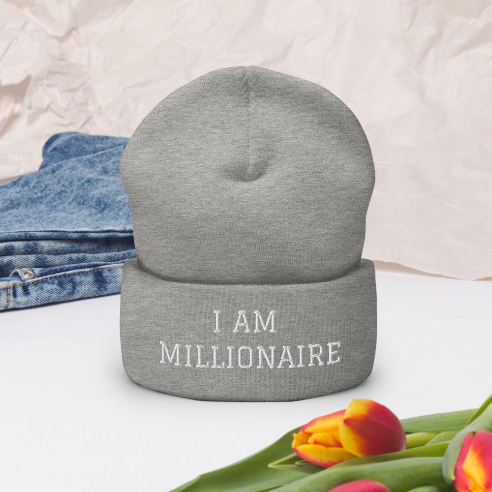 Motivational Beanie "I AM MILLIONAIRE" Law of Affirmation Embroidery Cuffed Beanie