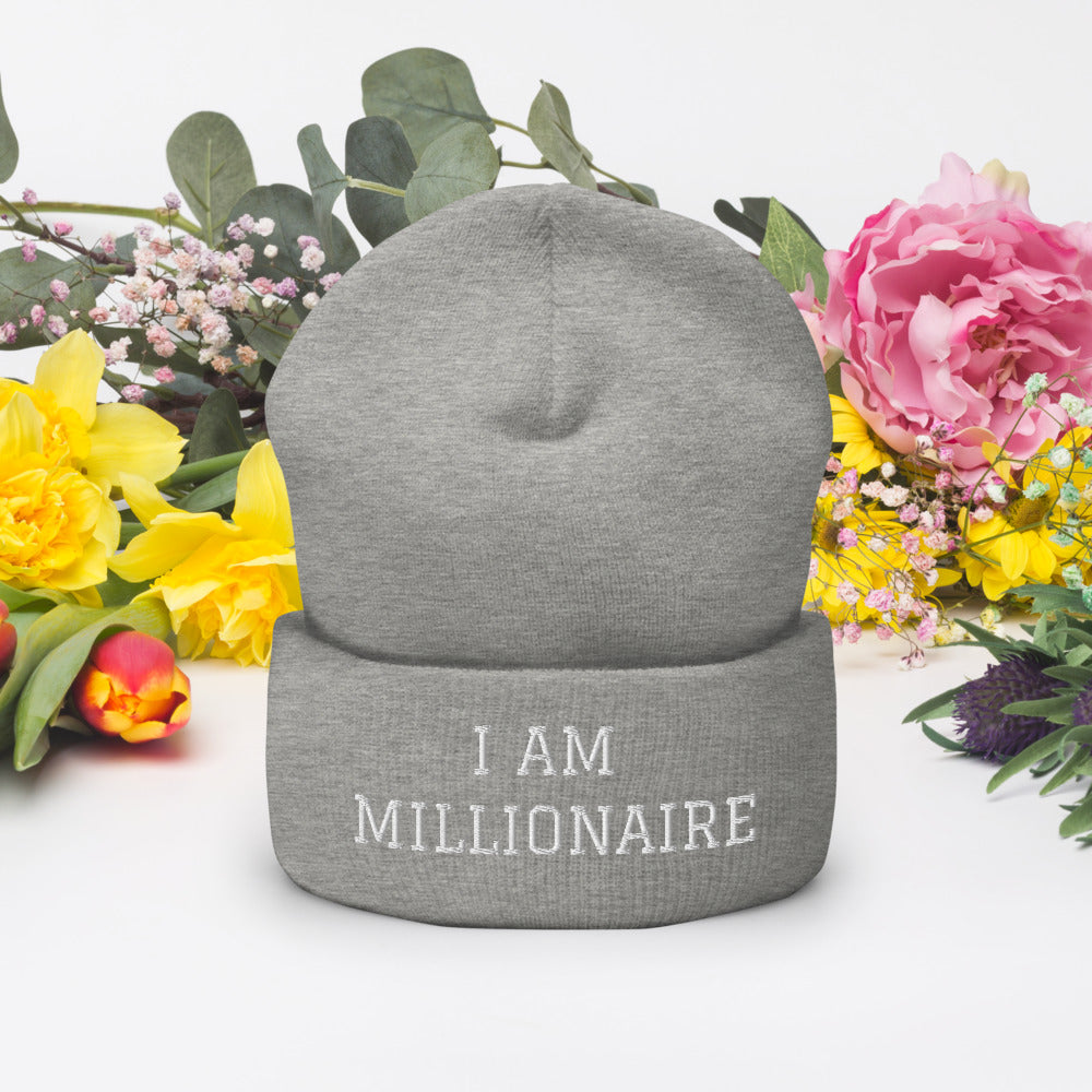 Motivational Beanie "I AM MILLIONAIRE" Law of Affirmation Embroidery Cuffed Beanie