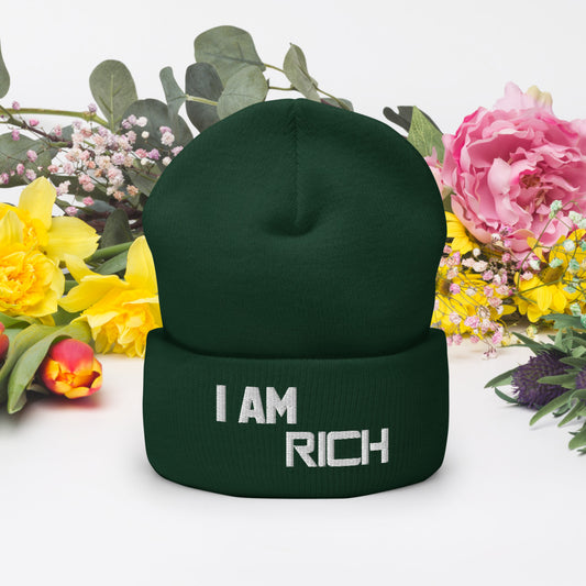 Motivational Beanie " I AM RICH"  Inspiring Law of affirmation  Embroidery Cuffed Beanie