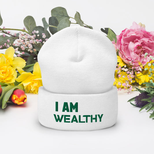 Motivational Cuffed Beanie "I AM WEALTHY" Law of Affirmation Embroidery Cuffed Beanie