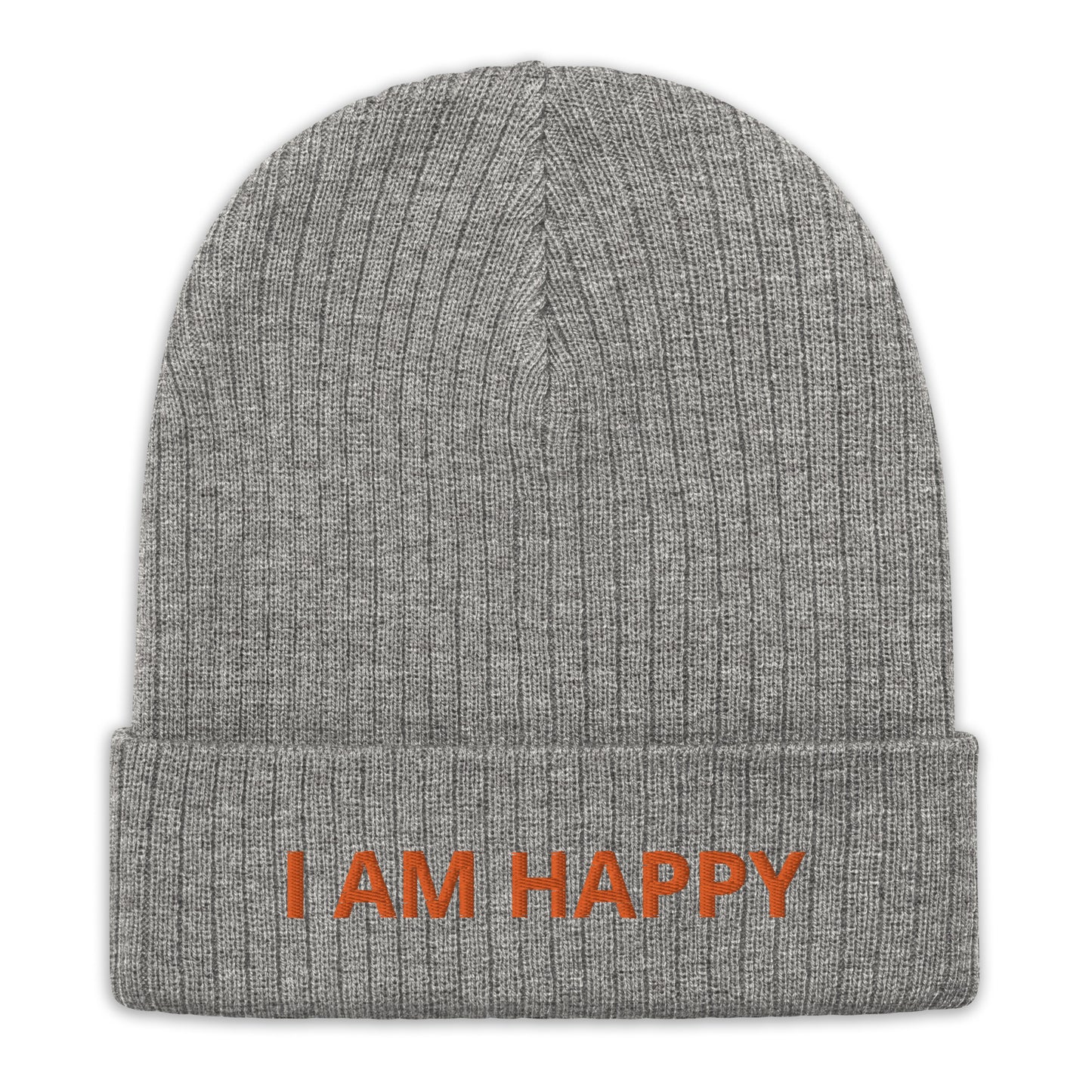 Motivational Beanie "I am happy" Ribbed knit beanie