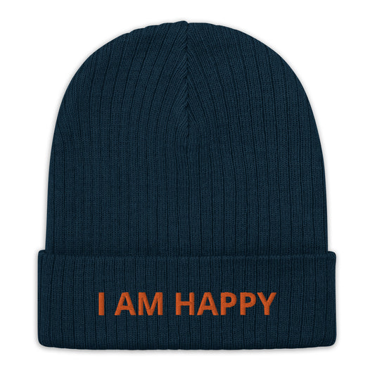 Motivational Beanie "I am happy" Ribbed knit beanie